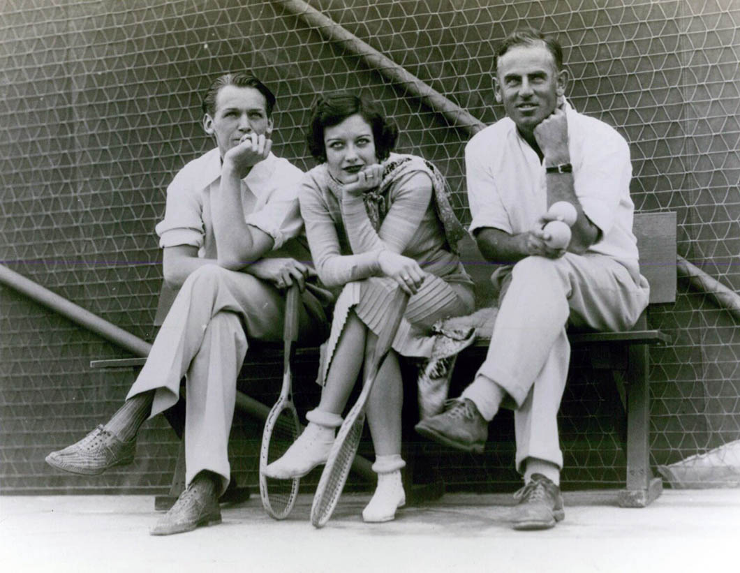 1928. With fiance Doug Fairbanks, Jr., and tennis pro Harvey Snodgrass.