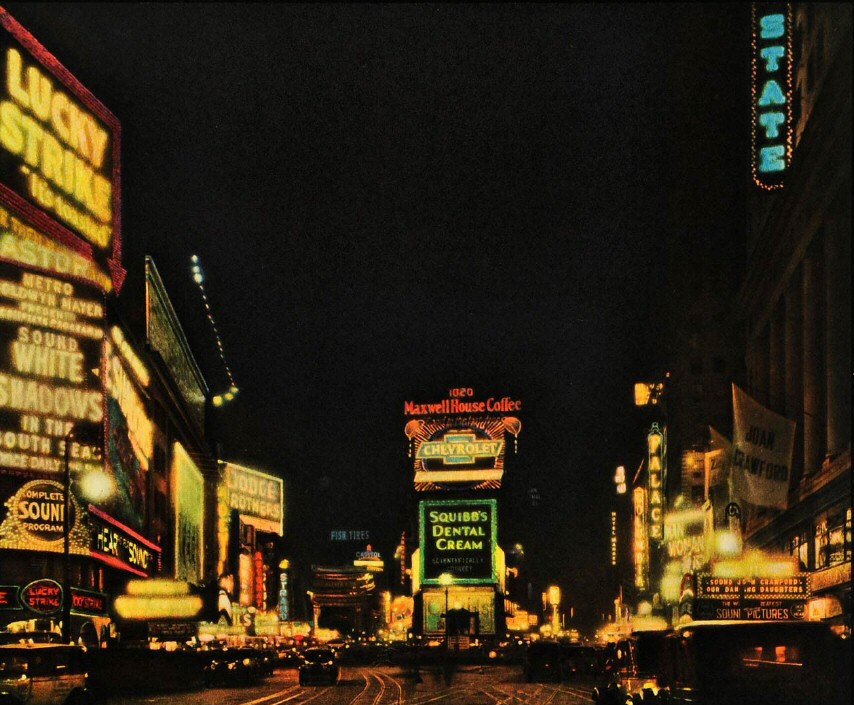 1928. 'Our Dancing Daughters' marquee (right) on Times Square.