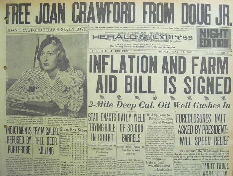 May 12, 1933. 'Los Angeles Herald Express' Joan-Doug divorce headline.