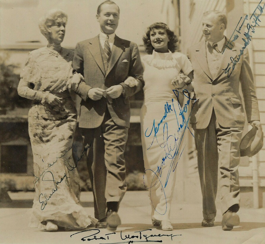 1935. On the set of 'No More Ladies' with Edna May Oliver, Robert Montgomery, and director Edward Griffith.