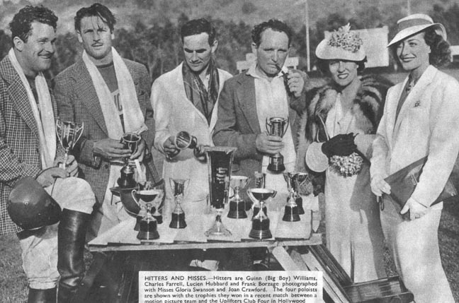 1936. From left: Guinn Williams, Charles Farrell, Lucien Hubbard, director Frank Borzage, Gloria Swanson, Joan.