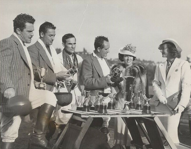 June 1936 at LA polo field with Gloria Swanson, et al. (See caption below.)