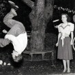 With stuntman Dick Crockett on the set of 'The Shining Hour.' (Includes press caption.)