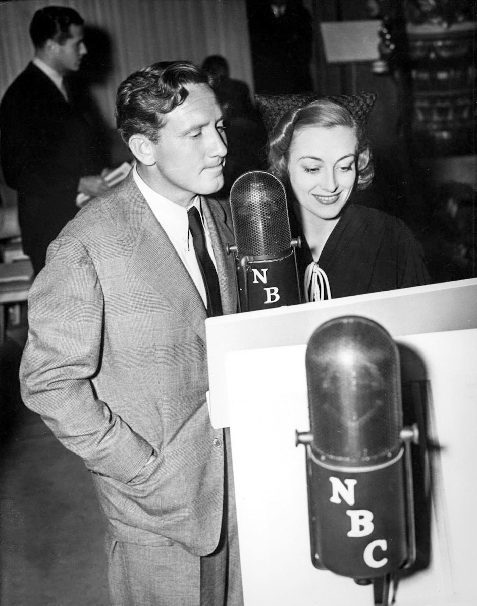 1938. Rehearsing with Spencer Tracy for an NBC radio show.