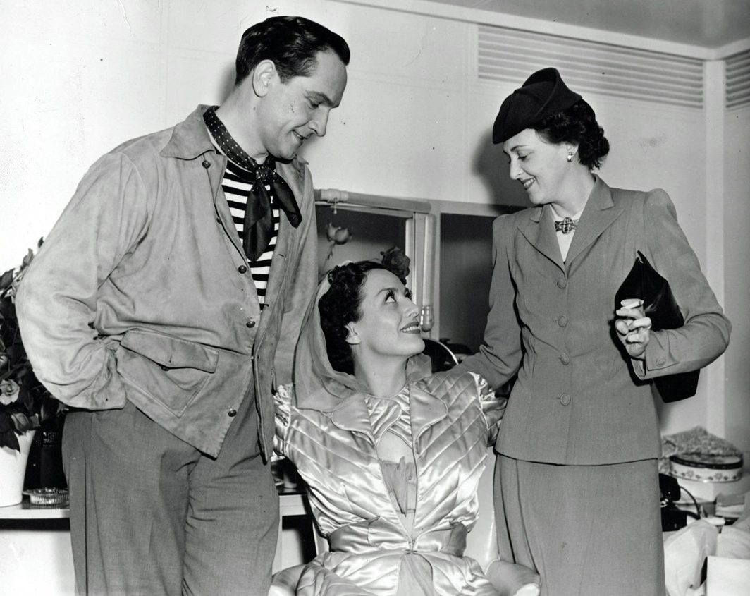 1940. On the set of 'Susan and God' with Fredric March and his wife, actress Florence Eldridge.