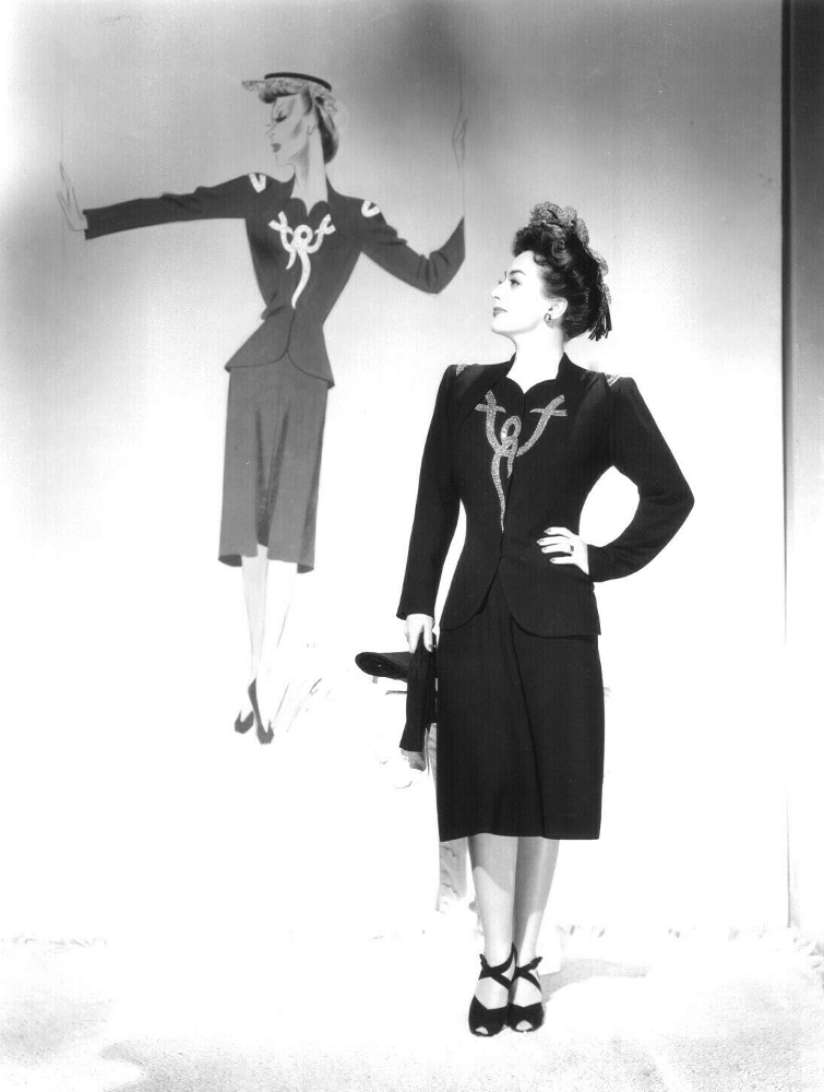 1942. 'Reunion in France' publicity with costume and sketch by Irene.