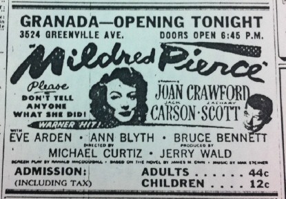 Ad for the brand-new Dallas Granada Theater, 1946.