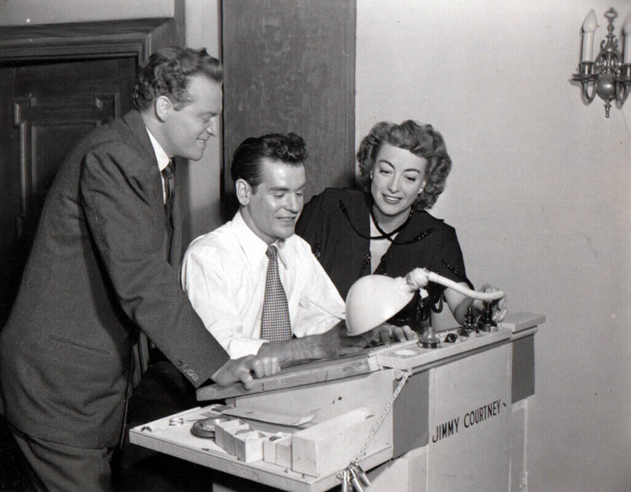 1947. On the set of 'Possessed' with Van Heflin and Jimmy Courtney.