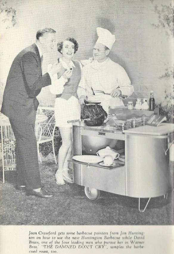 1950. On the set of 'Damned Don't Cry' promoting chef Jim Huntington's BBQ book.
