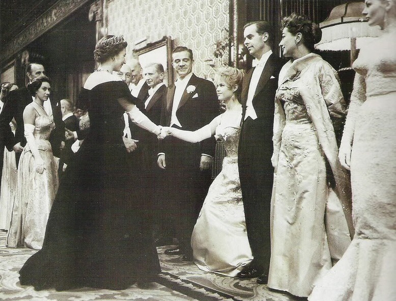 October 29, 1956. Being presented to Queen Elizabeth II at the Empire Theatre.