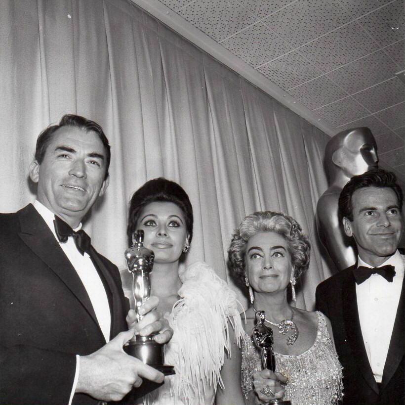 At the 4/8/63 Academy Awards with Gregory Peck, Sophia Loren, and Maximilian Schell.