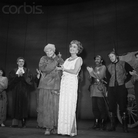 May 1963. Joan delivering Anne Bancroft's Oscar on the set of 'Mother Courage.'