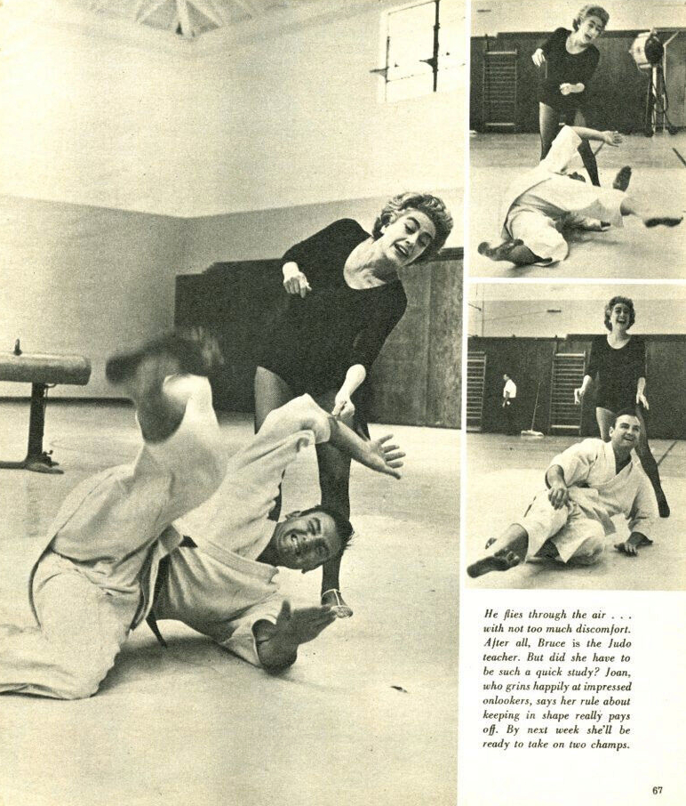 On the set of 'The Caretakers' with judo instructor Bruce Tegner. From unknown magazine page.