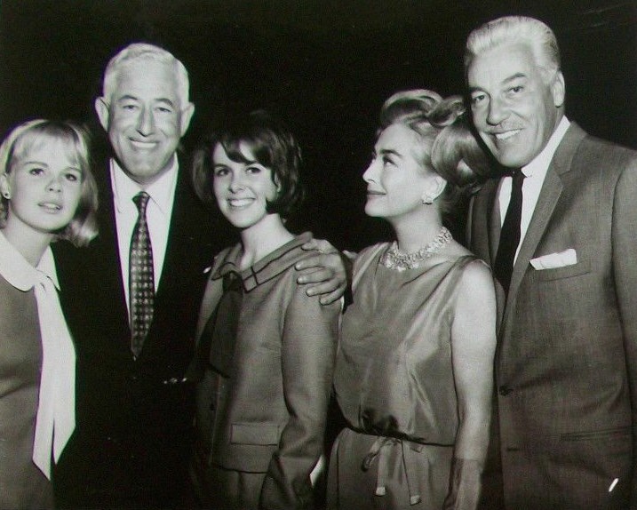 1965. On the set of 'I Saw What You Did' with co-stars, director William Castle, and friend Cesar Romero.