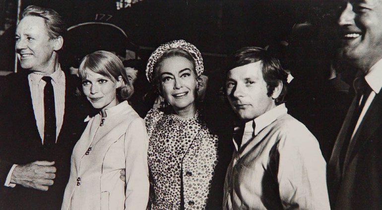 September 1967 in NYC during the filming of 'Rosemary's Baby.' With Van Johnson, Mia Farrow, Roman Polanski, William Castle.