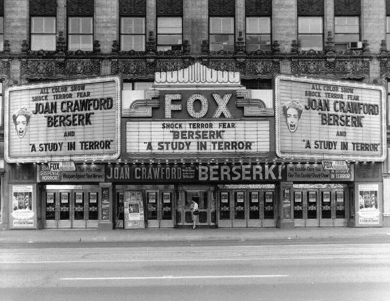 1968. A Fox marquee for 'Berserk.'