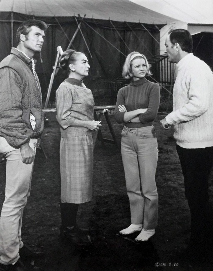 1968. On the set of 'Berserk' with Ty Hardin, Judy Geeson, and Peter Burton.