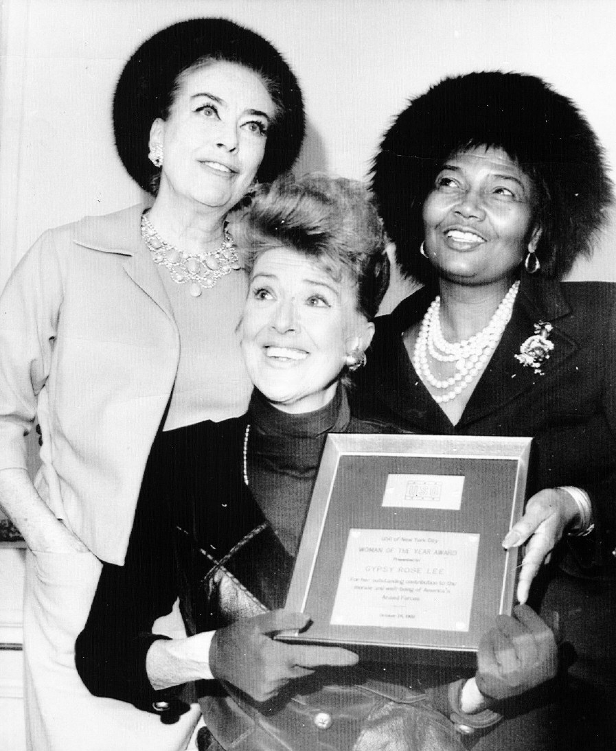 10/25/69. At a USO luncheon at the Plaza Hotel honoring Gypsy Rose Lee. Pearl Bailey also pictured.