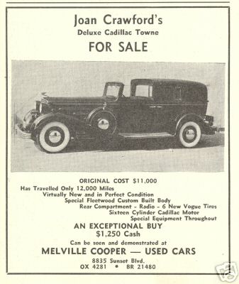 December 1938 ad for Joan's used Cadillac.