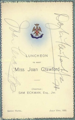 A menu (autographed by Joan and husband Doug) from a 7/15/32 luncheon at the Savoy Hotel in Joan's honor.