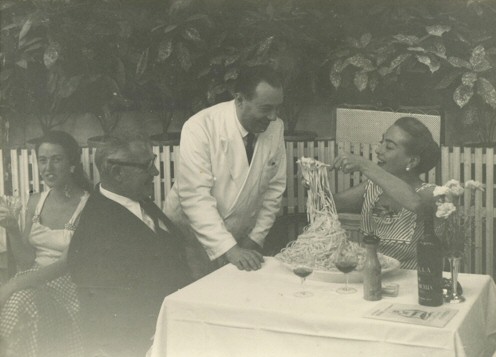 Circa 1957 at the original Alfredo's restaurant in Rome.