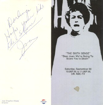 A 1972 promotional brochure for Joan's last TV appearance, 'The Sixth Sense.' Note the 'Joan Crawford Steele: Director' and Pepsi logo at the bottom of the card.