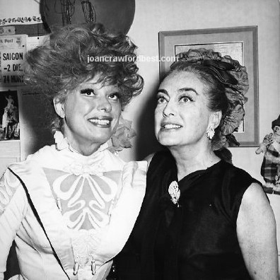 June 17, 1965. Joan with Carol Channing backstage at 'Hello Dolly!'