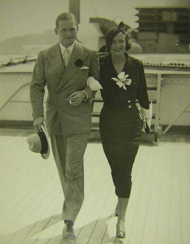 August 1932. With husband Doug Fairbanks, Jr., traveling in Europe.