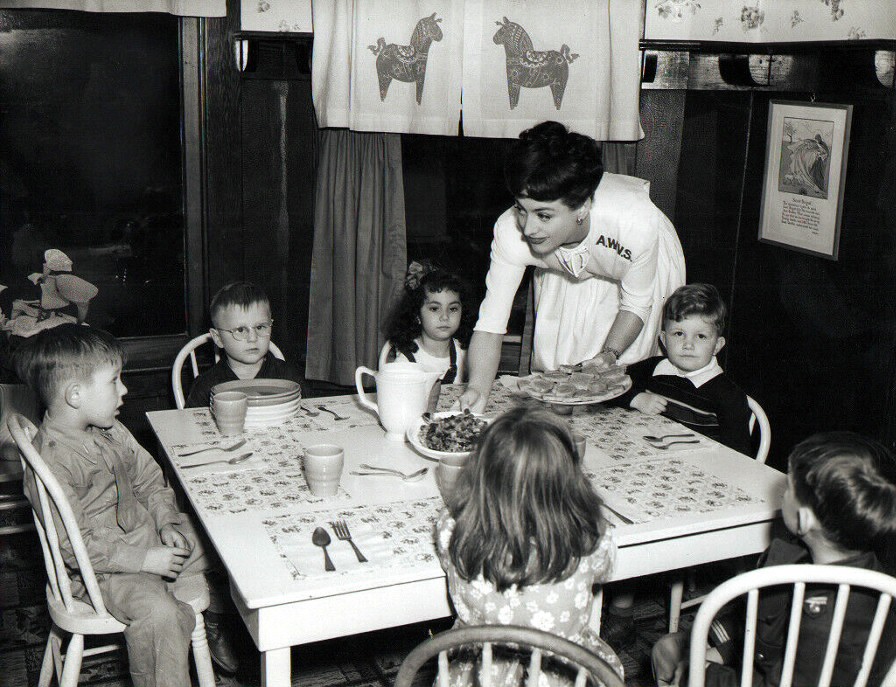 1943. At the AWVS daycare center she funded during the war.