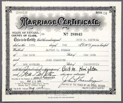 May 10, 1955, Las Vegas certificate of Joan and Al Steele.