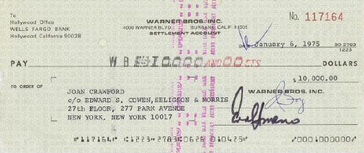 Warners royalty check to Joan. (See below photo for endorsement on back.)