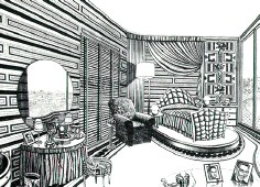 'Joan Crawford's Bedroom.' 22 x 28 etching by Bruce McCombs.