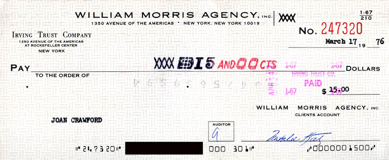 1976 William Morris Agency royalty check to Joan.